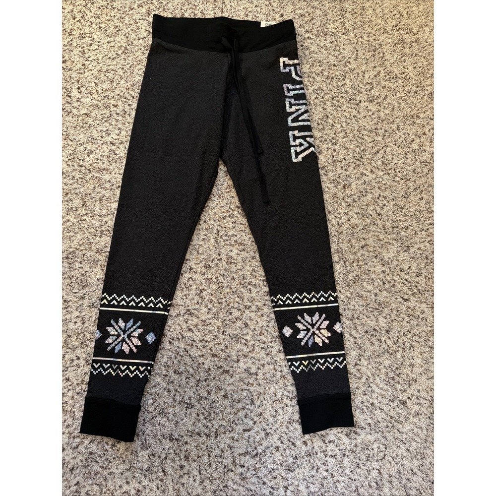Victoria's Secret PINK New Yoga Campus Legging Pant Gym Logo Sz SP Gray Sequins